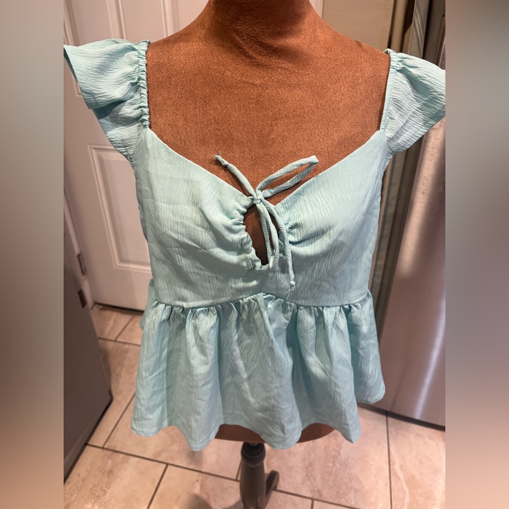 Derek Heart Aqua Ruffle Sleeve Blouse